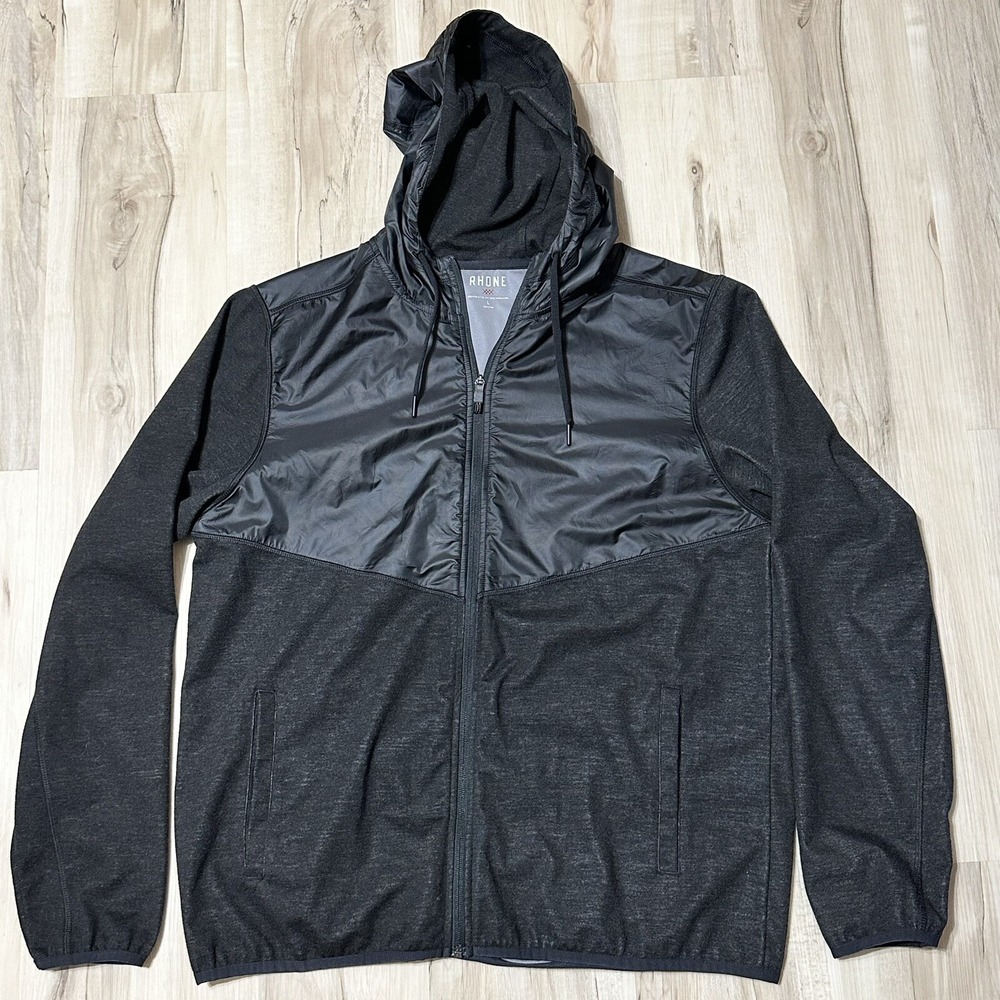 RHONE Tech Terry Hoodie Full Zip Hybrid Jacket Mens Large Black Pockets TEC-182